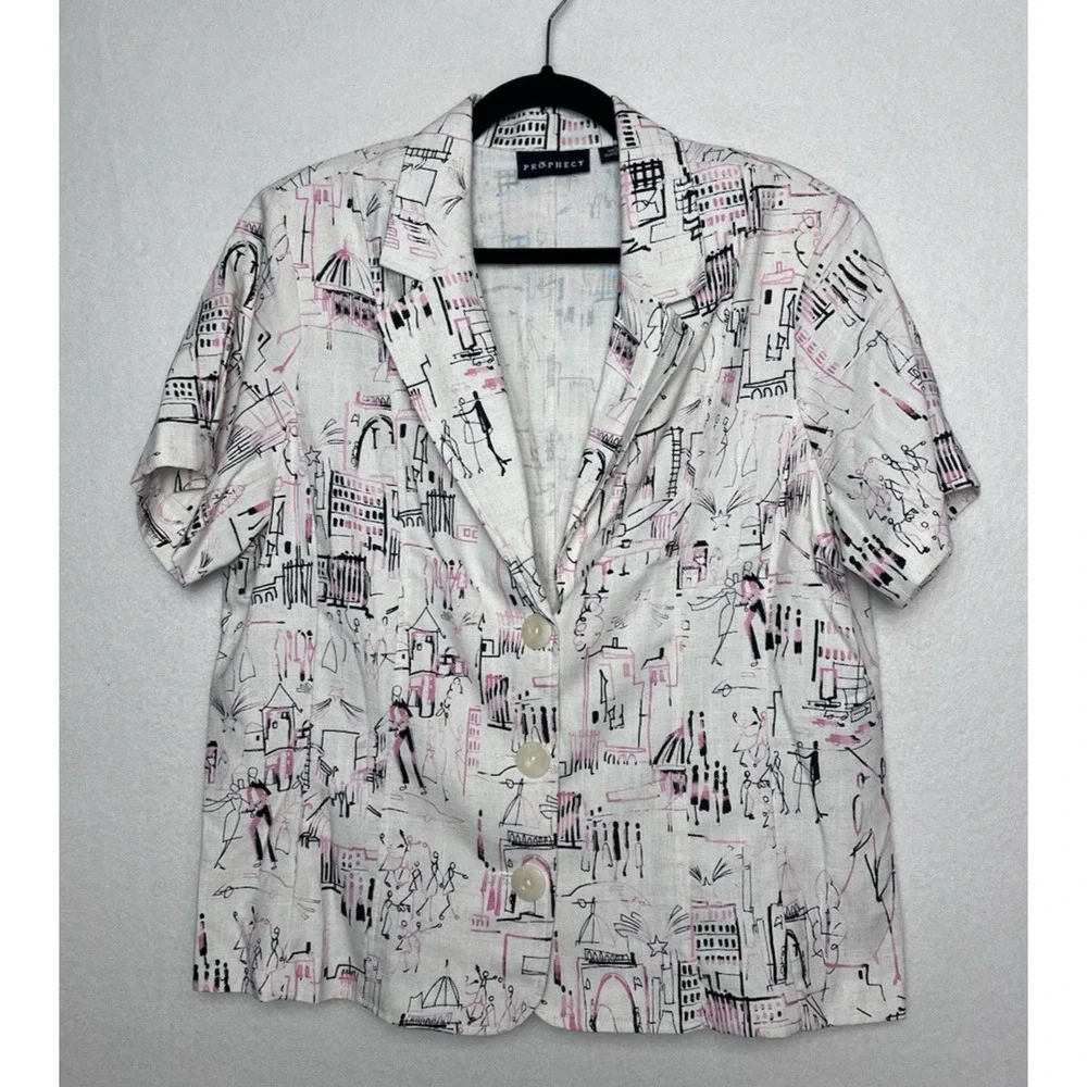 Prophecy Women's Short Sleeve Blazer Size 18 Shoulder Pads City Scape Pattern